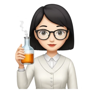 asian teacher with a white dress holding a flask with retangle glasses and black short hand  sticker