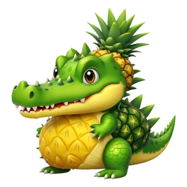 A cute crocodile with a pineapple body, the crocodile head is green with teeth and the body is a yellow pineapple with spiky texture sticker