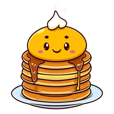 adorable pancakes with butter on top and maple syrup dripping down, smiling face sticker