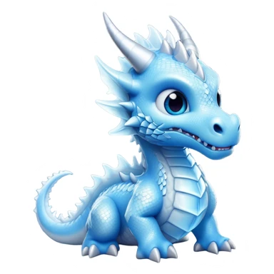 Cinematic Cute Beautiful Ice Dragon Portrait Emoji, Head tilted playfully and inquisitively, featuring a sleek, glacial form with intricately detailed, frost-kissed scales in shimmering blues and sparkling silver, accented by delicate ice crystal patterns and a gentle, enchanting glow; rendered with lifelike clarity and soft, natural light, high shine, charming and cool, styled with a touch of wintry fantasy, soft glowing outline, capturing the essence of a mischievous yet endearing ice guardian poised to twirl playfully into your dreams! sticker