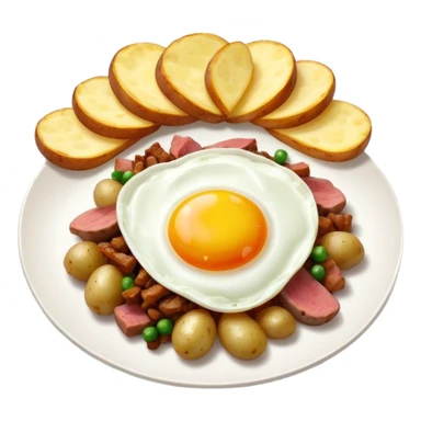 hash of potatoes, onions, and meat with fried egg sticker