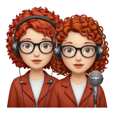 two girls. both white. one with curly red hair and glasses. one with curly brown hair without glasses. there are headphones and microphones for doing a podcast sticker