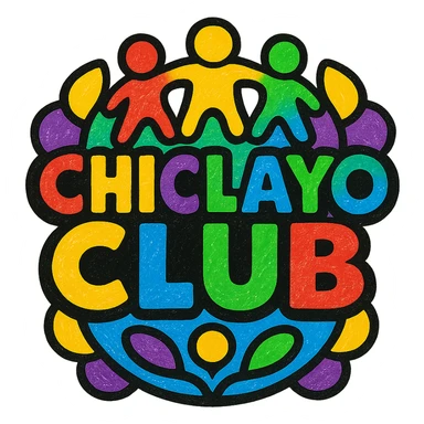 festive logo for 'Chiclayo Club' inspired by Peruvian culture, bright colors red yellow green blue purple, symbols of togetherness like people holding hands or abstract shapes forming a circle, prominent joyful text 'Chiclayo Club' sticker
