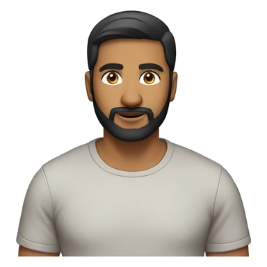 A head and shoulders shot of a 36 year old Indian man, with short black hair, with beard facial hair,   with brown eyes wearing a t-shirt. sticker