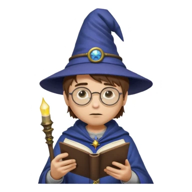 ["A sad boy with light skin, straight hair, wearing a wizard hat and round glasses, dressed in punk fashion, is reading a book while holding a phone."] sticker