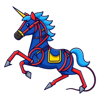 Fast running electric horse made of electricity, metal plates, bolts, visible blue and red wires, with lightning surrounding it sticker