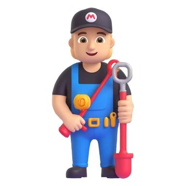 Plumber wearing a black t-shirt in 3D emoji style, microsoft style 3d fluent emoji with smooth shading and vibrant colors. sticker