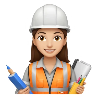 Arquitecta ojos marrones oscuros pestañas piel oliva pelo marron por los hombros sonrie casco blanco chaleco reflectante y material de dibujo técnico sticker