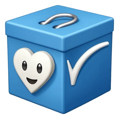 A blue box  and a white tick 1d sticker