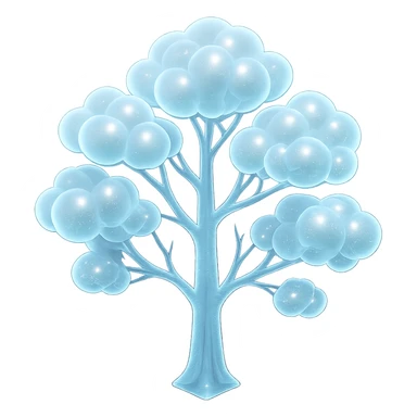 one tree with many branches and a white trunk, crown made of small very bright white fluffy convex clouds, matte glass style sticker