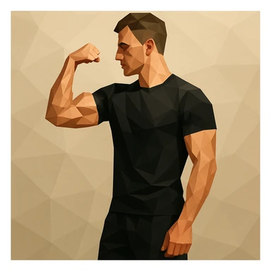 Athletic man in black shorts and black t-shirt stands sideways and shows biceps sticker