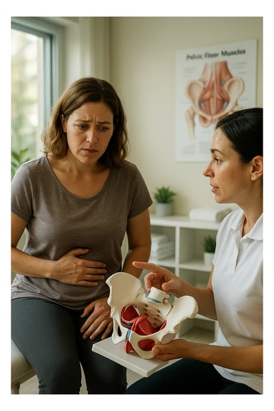 A realistic, cinematic illustration of a woman in her mid-30s with a thoughtful, slightly worried expression, sitting in a bright, modern physiotherapy clinic. She is wearing comfortable leggings and a loose top, with one hand resting gently on her lower abdomen, indicating discomfort. The scene shows a caring female pelvic floor physiotherapist explaining with a pelvis anatomical model, while the woman listens attentively but visibly concerned. In the background, soft natural light enters through the window, and an anatomical poster of pelvic floor muscles is visible on the wall. The environment is warm, clean, and reassuring, emphasizing the sensitivity of pelvic floor disorders while promoting trust and awareness in seeking help sticker