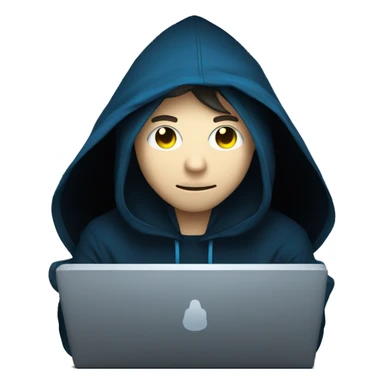 Man developer behind his laptop with this style : Alan Walker Singer neon glowing bright blue character blue black hooded hacker themed character sticker