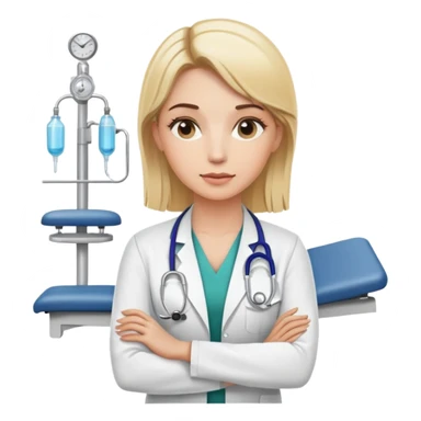 A blonde female kinesiologist with a thoughtful expression, wearing professional medical attire, in a physical therapy clinic setting sticker