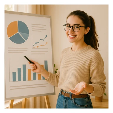 aesthetic style girl with glasses and ponytail, showing graphs in a presentation, bright and cozy atmosphere sticker