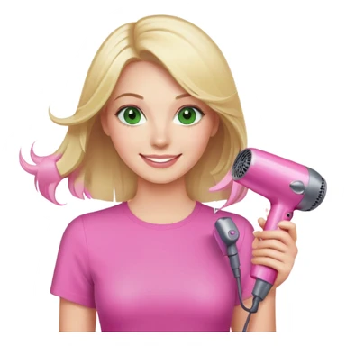 blonde woman with green eyes holding a pink Dyson hair dryer, smiling sticker