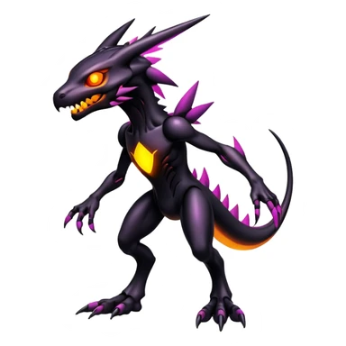 futuristic dark shadowy evil neon-glowing warm-colored Fakémon-Digimon-hybrid-creature (full body) sticker
