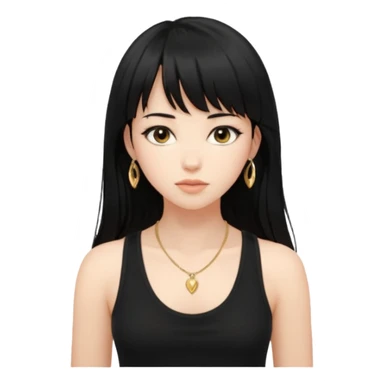 alrighht here’s just the person described for your emoji ai prompt:

> young woman, long black hair with bangs, soft expression, wearing a black tank top and gold necklace, confident pose, natural beauty, warm lighting on face, slightly tousled hair



lmk if u want it more detailed or stylized 🔥
 sticker