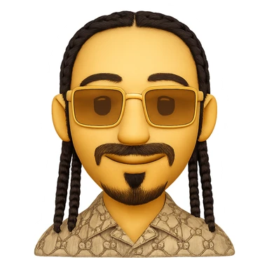 emoji of a smiley with a thin face, lighter skin, beard only on chin, mustache above upper lip, no hair under lower lip, detailed black braids, rectangular golden sunglasses, beige GG patterned shirt with visible collar, transparent background, match reference photo details closely sticker