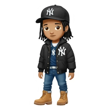 African American boy with short black dreadlocks wearing a black New York Yankees logo baseball cap wearing a black bubble winter coat wearing denim skinny jeans and timberland boots sticker