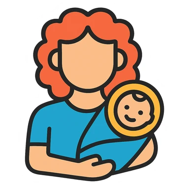 Woman with curly red hair holding a baby, wearing blue clothing, color outline style, no background. sticker