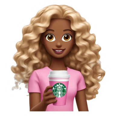 Barbie girl with brown and blonde Omni long curly hair holding Pink starbucks refresher sticker