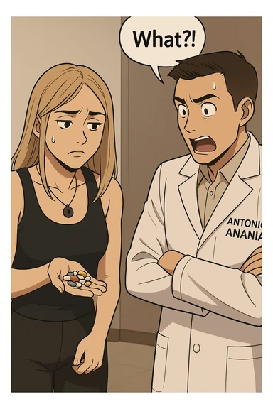 fai un webtoon/manga a colori con questo kinesiologo in camice bianco (fagli la scritta "ANTONIO ANANIA" SUL CAMICE) CHE PARLA CON QUESTA RAGAZZA. LA RAGAZZA HA UN PUGNO DI INTEGRATORI IN MANO (TANTE PILLOLE DIVERSE) E LE GUARDA DUBBIOSA. IL KINESIOLOGO CON IL CAMICE BIANCO LE DOMANDA UNA COSA SCIOCCATO. NON FARE I FUMETTI, FAI SOLO LORO COME SE DIALOGASSERO sticker