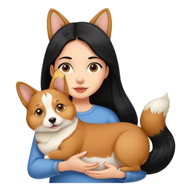 The girl with long black hair holding a corgi and a Abyssinian cat sticker