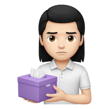 generate a pretty bratz boy with long black hair, wearing a white polo shirt. Looking sad, holding a box of tissues in right hand sticker