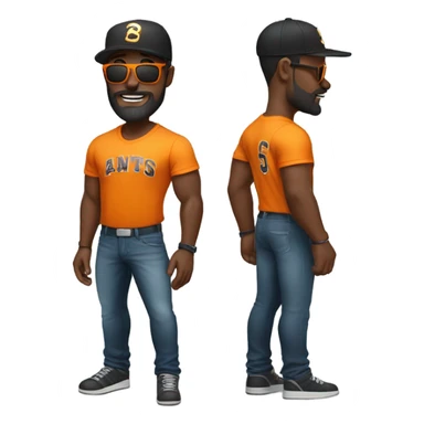 Muscular Black man in shades with a beard, mustache, and orange tee shirt with baseball cap. sticker