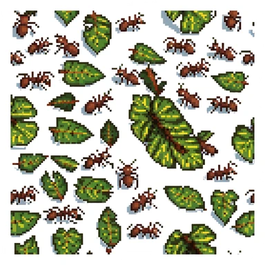 leaf cutter ants in a line, each with a piece of leaf, pixel art style, transparent background sticker