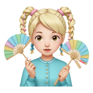 A pigtail girl in modern outfit using a pastel fan with playful expression. sticker
