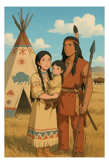 A native American family including a mother and young child, with a father who is a warrior. They are standing near a tepee decorated in native american symbols, there are buffalo in the distance. They are on the dry grasslands of the great plains in the 1840s sticker