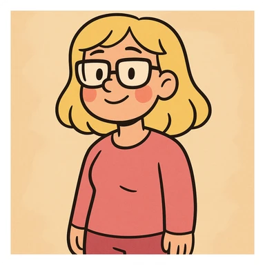 blonde girl, shoulder-length hair, wearing glasses, rosy cheeks, pink clothes, cartoon style, soft lines sticker