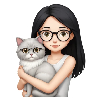 Skinny woman with oval glasses, long straight black hair, wearing white sleeveless top, hugging a grey Persian-Angora cat, plain background sticker