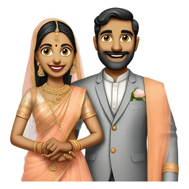 south indian wedding caricature of bride wearing peach colour lehenga and groom wearing Grey coloured tuxedo sticker