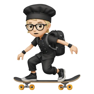 ["An angry boy with light skin, ponytail, wearing a chef hat and square glasses, dressed in goth fashion, is skateboarding while holding a backpack."] sticker