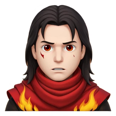 Vincent Valentine from Final Fantasy 7, headshot, red scarf covering mouth, intense eyes, flames behind him sticker