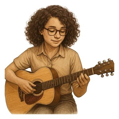 A curly and brown-haired girl with brown-framed glasses, wearing a shirt, playing the guitar, representing a music therapy internship, detailed, professional, warm and inviting atmosphere sticker