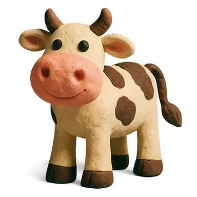 claymation style cow with a friendly face and pink nose sticker