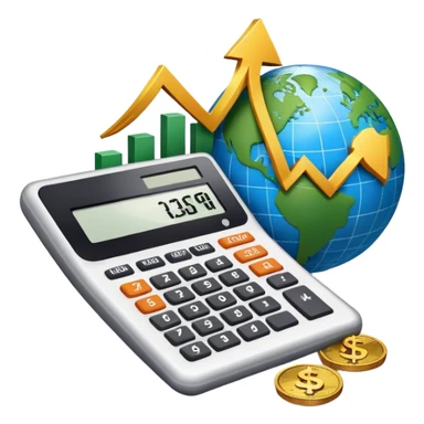 An icon featuring a calculator, a dollar sign, and a chart with upward trends, symbolizing economics. The design includes coins, bills, and a globe, representing global trade and financial systems. Transparent background highlights the study of markets, supply, and demand. sticker