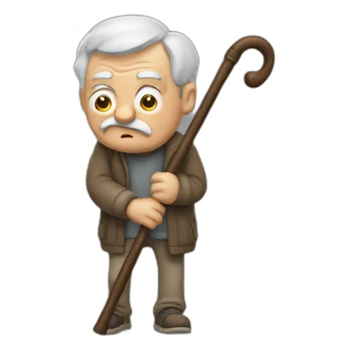 Old man leaning on a walking cane and holding his crancky back with his hand, grumpy face, detailed sticker