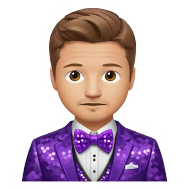 Jeremy Renner with light brown hair, purple sequin suit with bow tie sticker