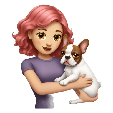  girl with medium pink wavy hair holding a brown and white french bulldog  sticker