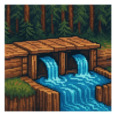 old wood dam with canal water, pixel art style sticker
