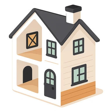 modern farmhouse dollhouse, white with black trim and wooden accents, 3d isometric  sticker