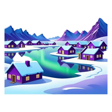Mohe Arctic Village northernmost point of China with aurora borealis, simplified emoji style with bold outlines and bright colors, cartoon style village with northern lights sticker