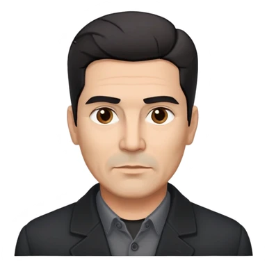 Broad-shouldered Hispanic man in his 50s, light brown complexion, square face with defined jawline, short straight black hair combed back with faded sides, thick eyebrows, black coat with gray buttoned-up shirt sticker
