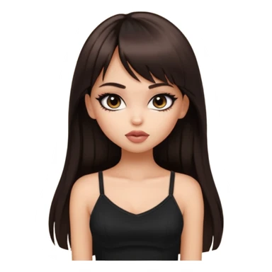 generate a pretty bratz girl in black cami top, dark brown straight long hair with bangs, eyeliner on, sticker