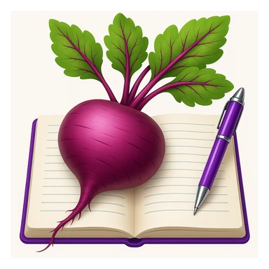 Adjust the image so that the beetroot, the notebook, and the pen are seen from the front, maintaining the emoji style and the composition of the original image. sticker